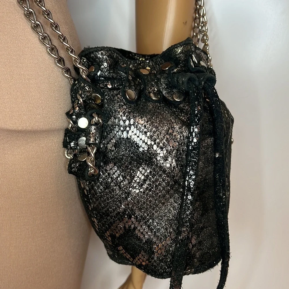 Posse Suede Metallic Drawstring Shoulder Bucket Bag
